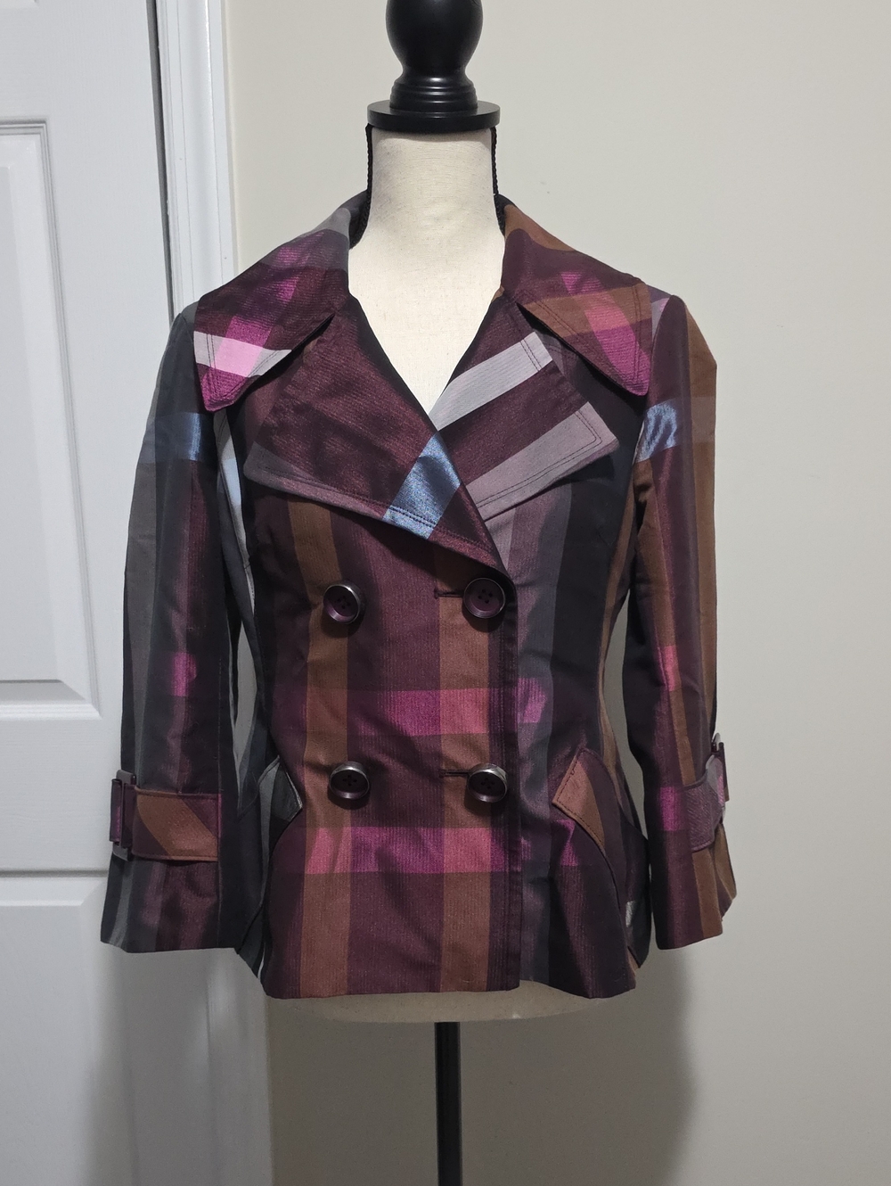 Yoana Baraschi Metallic Plaid Double Breasted Crop Coat Jacket Sz 6